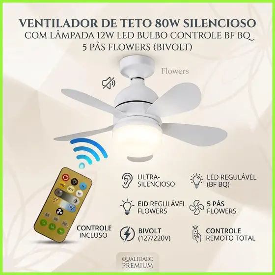 Foto do ventilador de teto com lâmpada e controle remoto